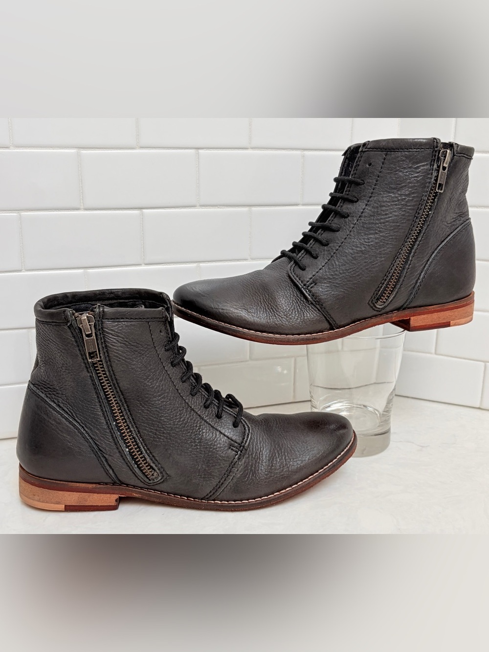 Sol Sana Baltic Flat Zip Ankle Boot Black Distressed Leather Sz 37 US 6.5